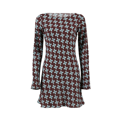 ooh itch痒痒 法式复古印花连衣裙长袖修身显瘦基础款a字短款裙子