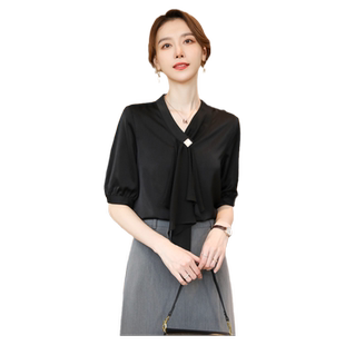 诗璐雅黑色短袖围巾领衬衫女气质时尚名媛洋气雪纺衬衣职业套装裙