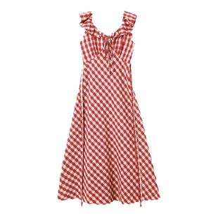 西町村屋法式无袖红格子连衣裙女夏季新款气质长款裙子XAAB10115