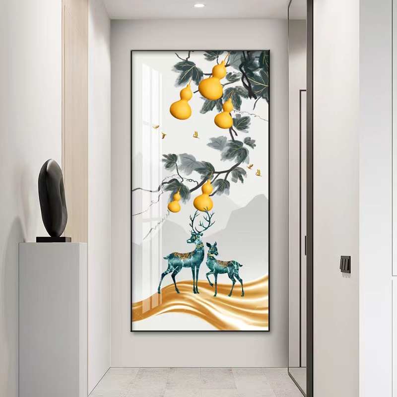 五福临门玄关装饰画中式走廊过道楼梯口葫芦招财壁画竖版大气挂画