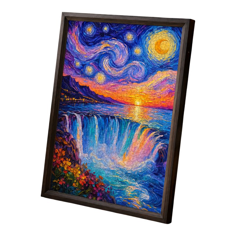 星夜瀑布海景1000片加厚蓝卡拼图成人风景油画一千片解压闺蜜礼物