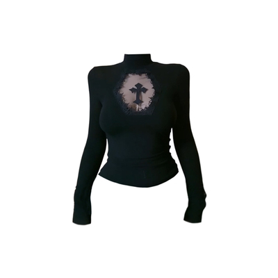 纯欲风黑色镂空长袖T恤打底衫女