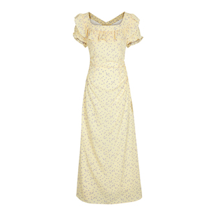 糯米子[初夏田园]黄色连衣裙女春夏微胖大码碎花气质收腰显瘦长裙