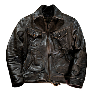 莫臣皮衣 西部农场主磨砂做旧头层纯牛皮翻领机车棕色皮夹克A2062