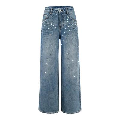 Three Quarters 25秋冬新款时尚重工手工钉珠牛仔裤阔腿裤301355