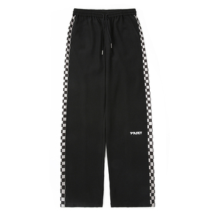 PASET裤子男垂感潮流侧棋盘格休闲夏宽松直筒运动裤黑白格子长裤