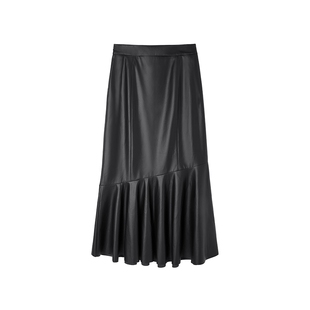 TKYSHOP黑色半身裙PU皮裙春季新款高腰中长裙气质显瘦包臀鱼尾裙