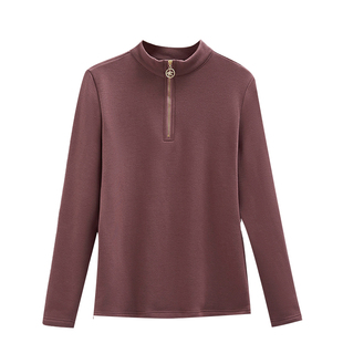 拉链小立领加绒加厚打底衫女秋冬2024新款妈妈长袖t恤衫修身上衣