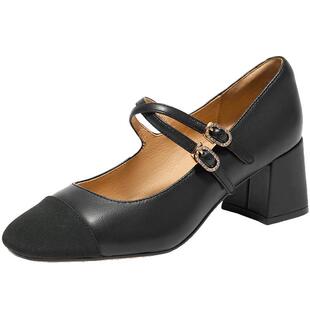 百丽女鞋子粗高跟通勤黑色浅口单鞋新款小香风玛丽珍鞋女B5P1DCQ4