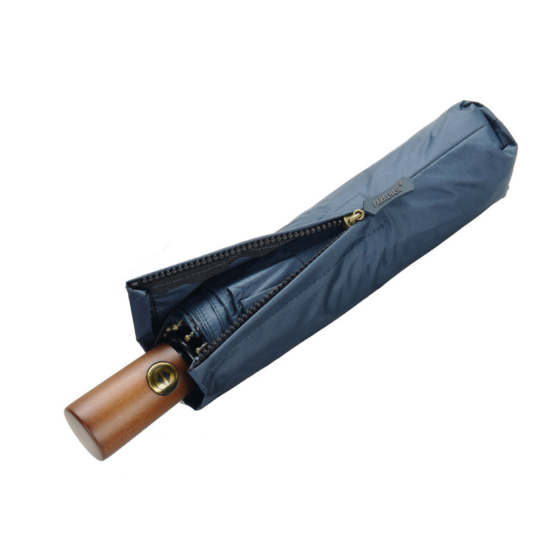 10骨防风黑胶防紫外线太阳伞简约全自动折叠一甩干木柄两用雨伞男