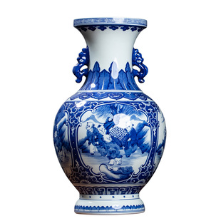 钟家窑柴窑青花瓷花瓶景德镇陶瓷摆件仿古戏婴图瓷器客厅装饰瓷瓶