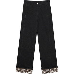 妖精的口袋复古民族风撞色直筒加绒牛仔裤女2025冬季新款高腰裤子