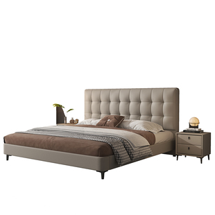 现代简约真皮床华夫格床1.8米主卧双人大床储物高端大气软包婚床