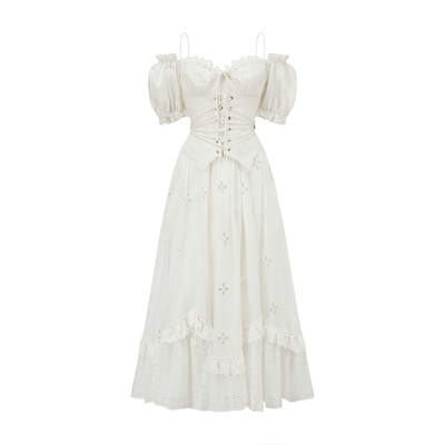 LaceMade 怦然心动 初恋小白裙复古田园腰封假两件鱼骨连衣裙