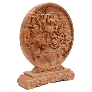 桃木摆件凤凰牡丹竹影凤鸣富贵图摆件