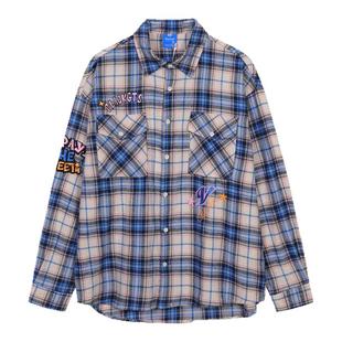 98SQUID 美式复古个性印花格子长袖衬衫男女国潮百搭宽松休闲外套