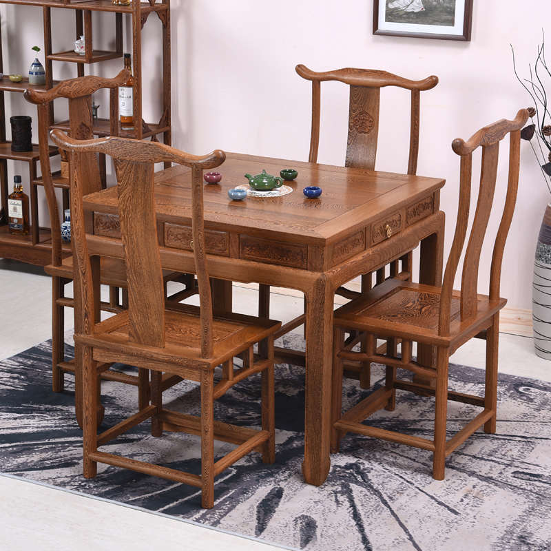 鸡翅木餐桌正方形 中式实木餐桌椅组合 红木四方桌复古仿古八仙桌