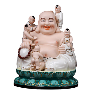 戴玉堂 陶瓷笑佛大肚佛佛像居家家供摆件 坐古莲描金彩五子弥勒佛