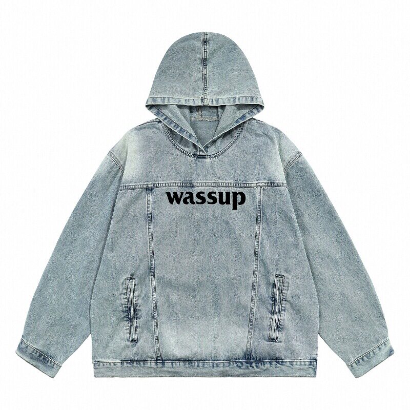 WASSUP潮牌牛仔字母连帽卫衣