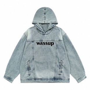 WASSUP美式潮牌高街水洗复古牛仔字母连帽宽松卫衣外套男女上衣秋