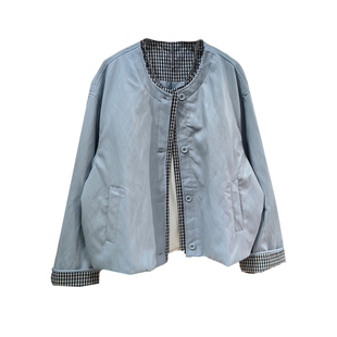 浅蓝色无领皮衣女2026春季新款宽松休闲拼接格纹小个子夹克外套PU