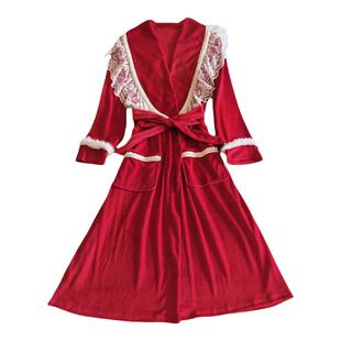 性感睡衣女款秋冬季海岛绒蕾丝睡袍高级感新婚红色浴袍晨袍家居服