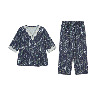 秋鹿纯棉睡衣女夏薄款双层纱印花V领五分袖九分裤蕾丝家居服套装