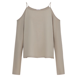 RURE 破损风格露肩吊带女长袖T恤女气质露肩宽松休闲上衣上装