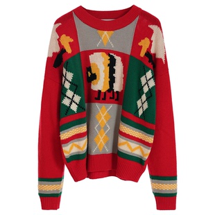 NancyCavally獨家设计圣诞派对 进口机织手工嵌花撞色羊毛毛衣