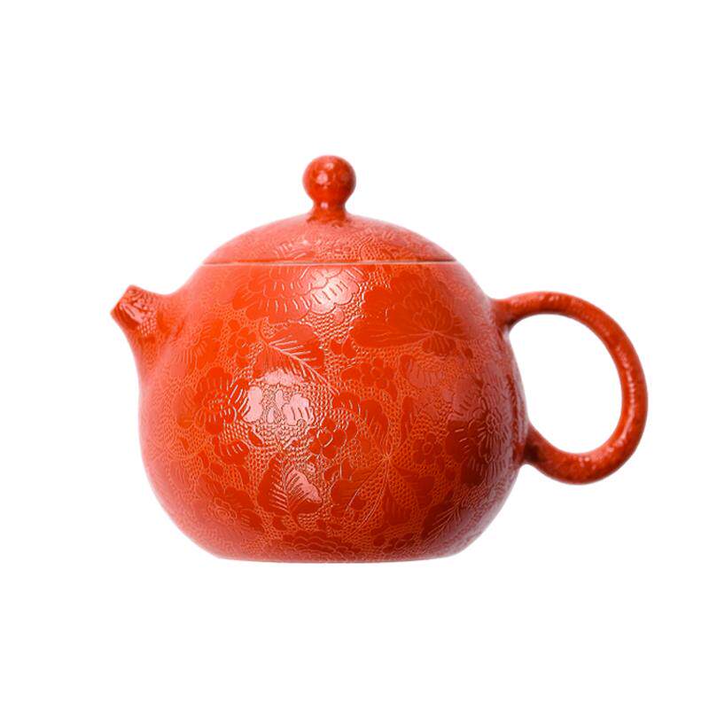 古帛单色釉手工扒花茶壶