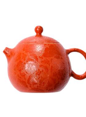 古帛单色釉手工扒花茶壶