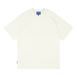 wassuphouse压印短袖t恤男女夏季国潮牌流纯棉米白色圆领简约上衣