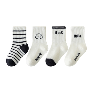 儿童袜子春秋纯棉男童韩版可爱小狗中筒袜男孩中大童条纹字母潮袜