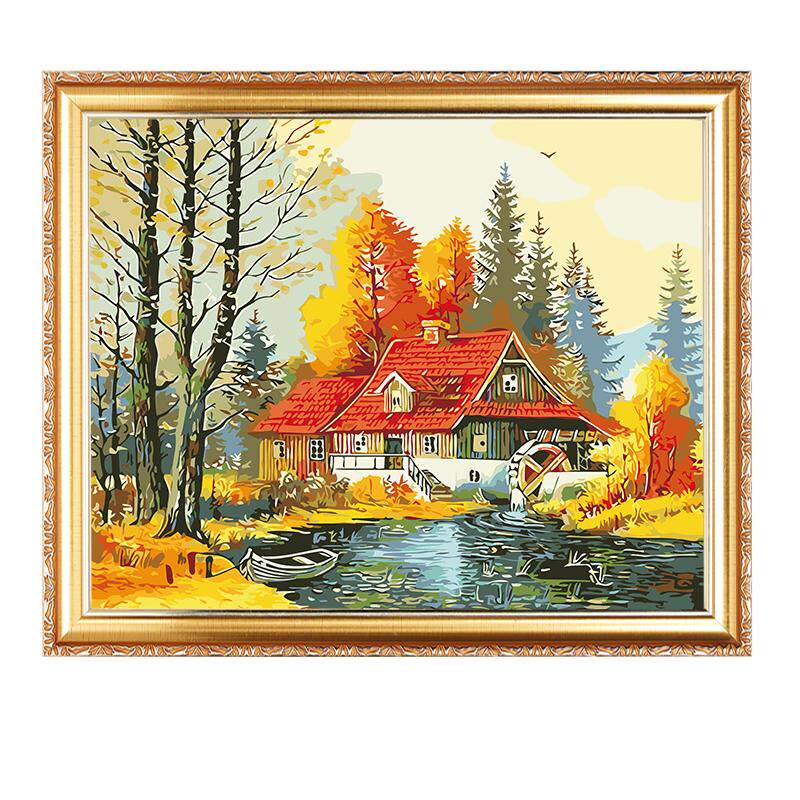 风景田园森林小木屋diy数字油画
