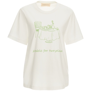 宝姿PORTSPURE女装舒适百搭设计感白色下午茶刺绣圆领T恤