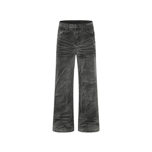 Goinsk 黑灰做旧褶皱阔腿牛仔裤男女春季宽松长裤酵素洗水休闲裤