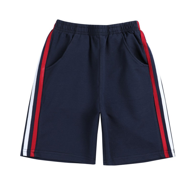 藏青色校服短裤白杠条运动裤中小学生纯棉五分裤红蓝黄边校服园服