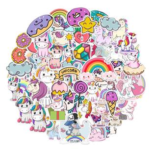 50张网红卡通独角兽unicorn涂鸦贴纸装饰笔记本头盔文具盒手账保温杯吉他电动车书架手机壳儿童奖励防水贴纸