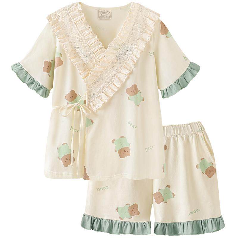 Pinksea情侣睡衣女夏季薄款凉感纯棉短袖短裤家居服新款睡衣男士