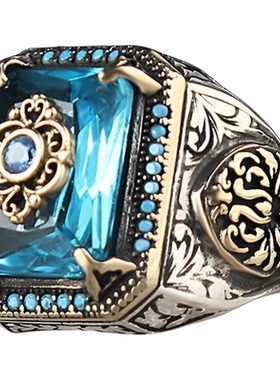 欧美复古名族风纹理镶嵌海蓝锆石戒指男红宝石指环