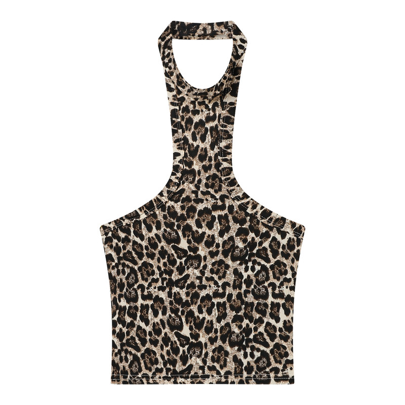 大佬街舞潮牌原创jazz豹纹挂脖抹胸背心防滑显瘦露肚脐修身5368