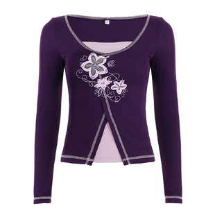ROCKMORE【韵味古早】紫色花朵刺绣假两件拼接长袖T恤V领打底上衣
