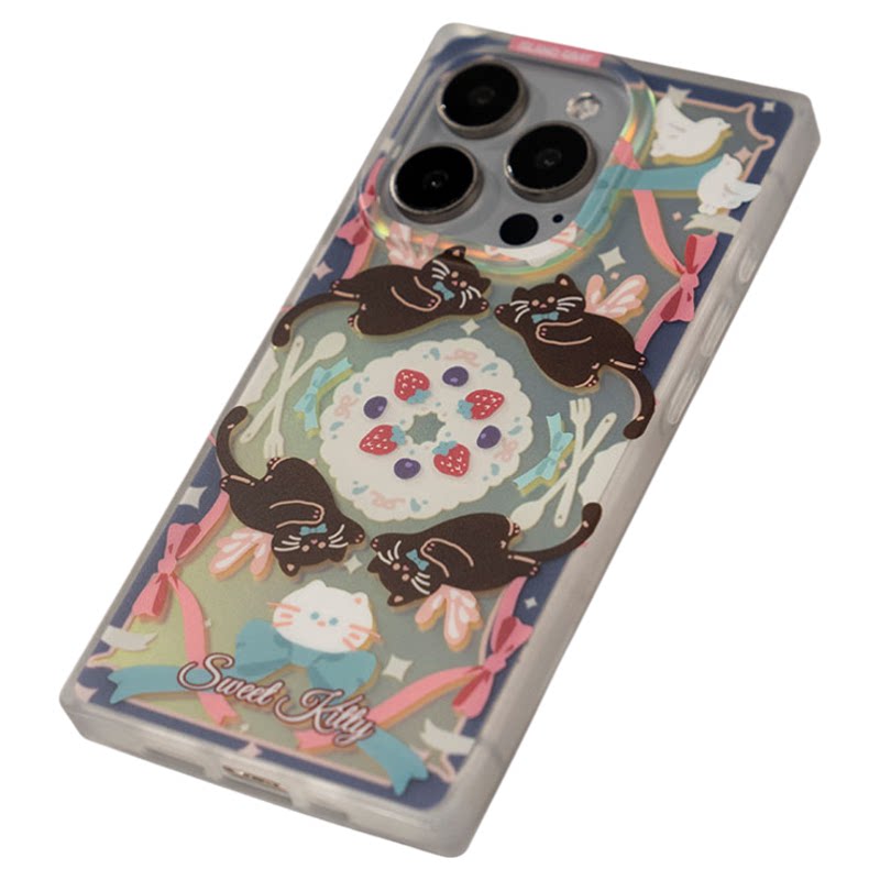 灰岛 蛋糕猫咪方形手机壳 原创设计双层印花 适用于iPhone16 15 14 Pro Max 创意艺术 甜美可爱 少女