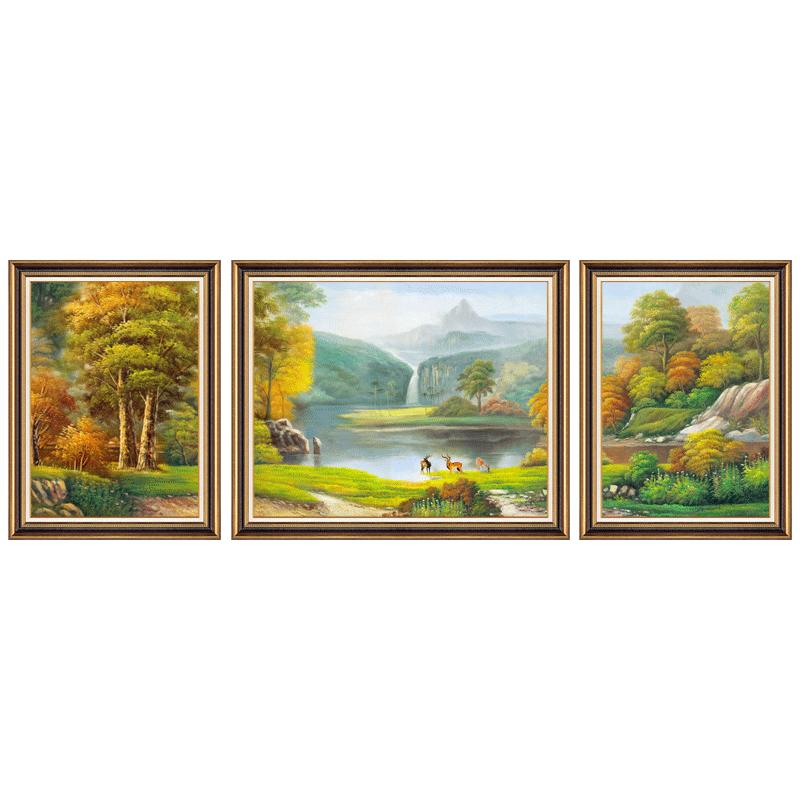 客厅装饰画三联欧美式沙发背景墙挂画正品油画肌理聚宝盆山水壁画