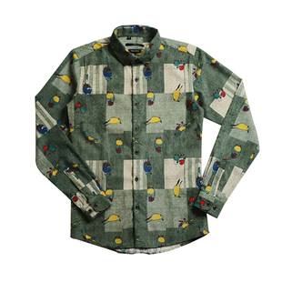 BIGGEZI男装复古文艺灯芯绒衬衫 磨毛小鸟图案绿色休闲修身花衬衣