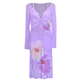 法式度假风紫色印花比基尼女分体三件套式浪漫风海边长裙大码泳衣