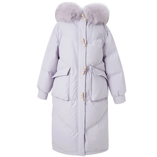 三彩2025冬季新款长款羽绒服狐狸毛领白鸭绒保暖外套宽松休闲M