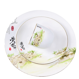 中式金边轻奢骨瓷盘子碗碟高档私人会所星级酒店摆台定制餐具套装