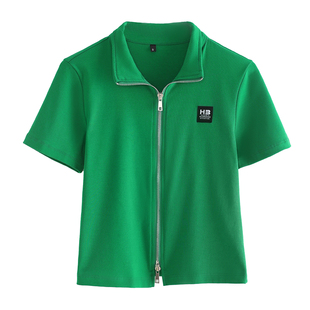 纯棉拉链修身短款上衣女夏季新款40岁女短袖休闲小衫短袖t恤体恤