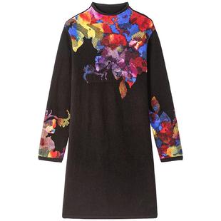 旺秋冬季中长款女装纯羊毛衫女套头宽松显瘦彩色印花内搭毛衣裙子